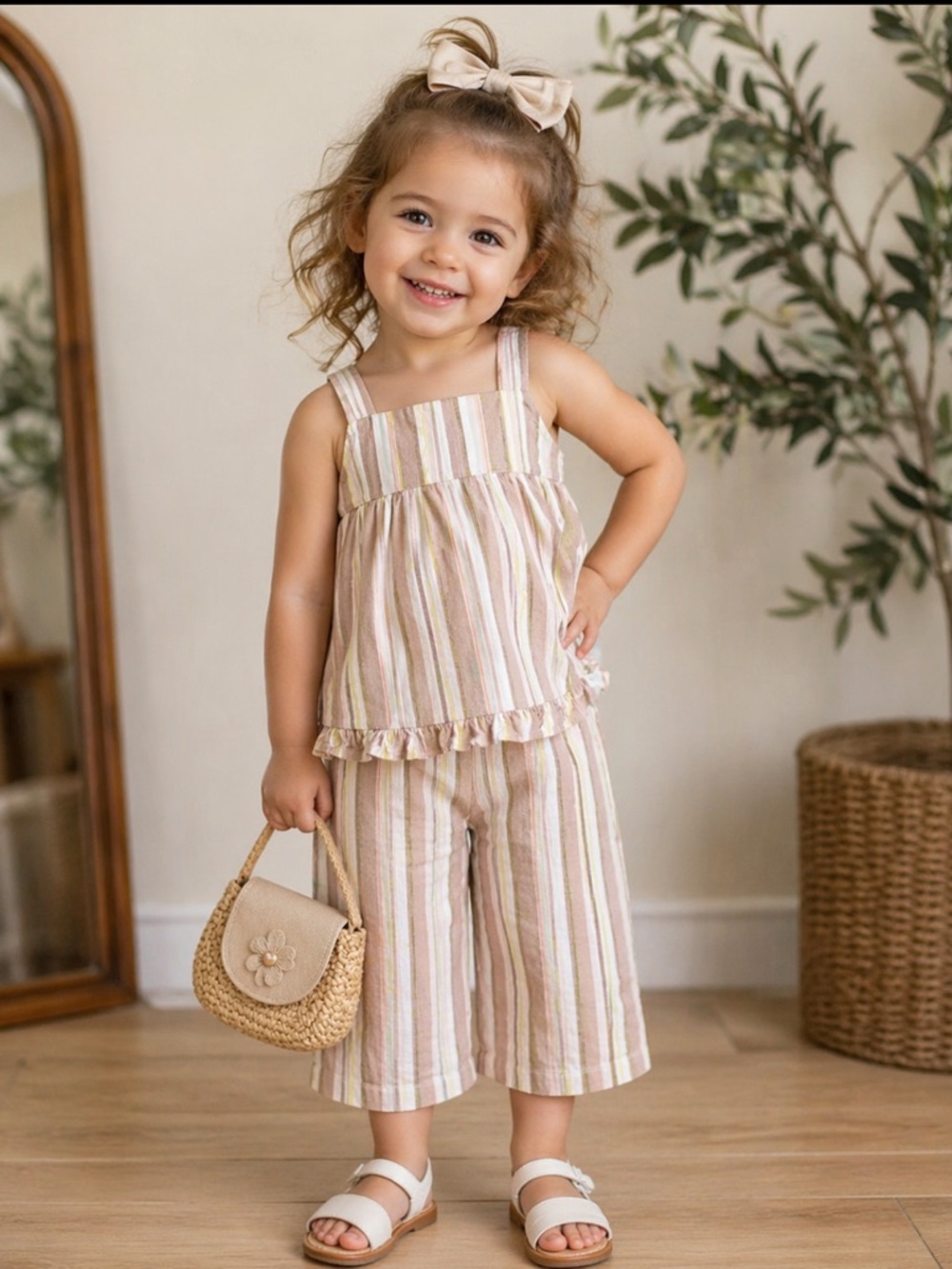 BearPaw Pink and Cream Striped Girls Matching Top & Pants Set